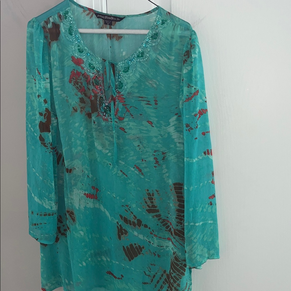 Mushka by Sienna Rose teal green red Splotchy Sheer Blouse Medium w sequins